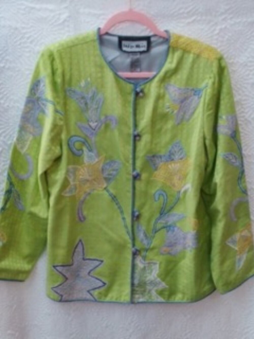 Indigo Moon Wearable Art Jacket Womens Sz S Embroidered Floral Boho Frog Closure